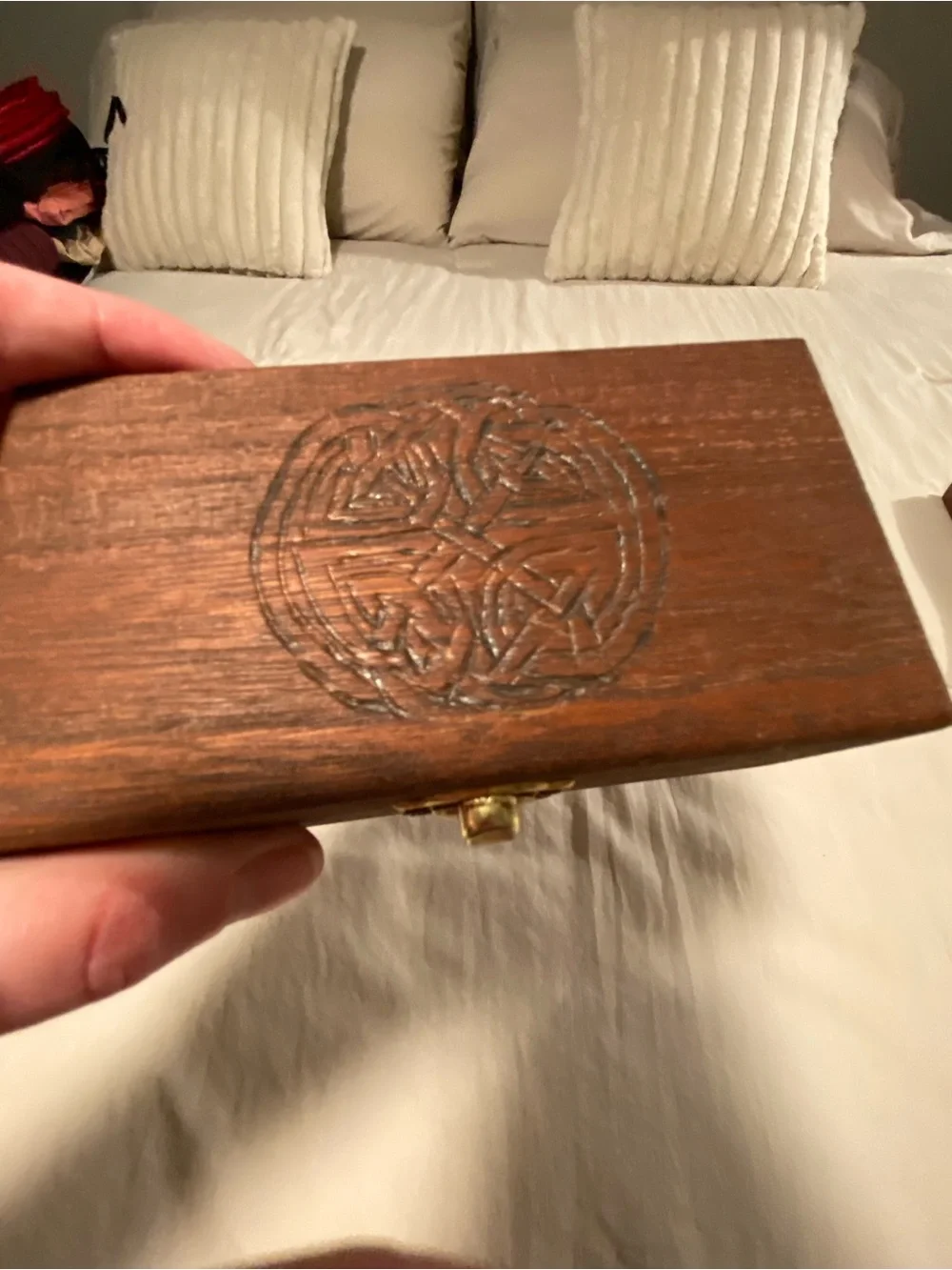 Wooden Celtic Carved Jewelry Box with Brass Latch - Brown